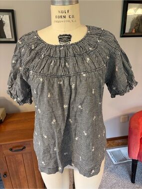 Madewell Black and White Gingham Smocked Puff-Sleeve Blouse